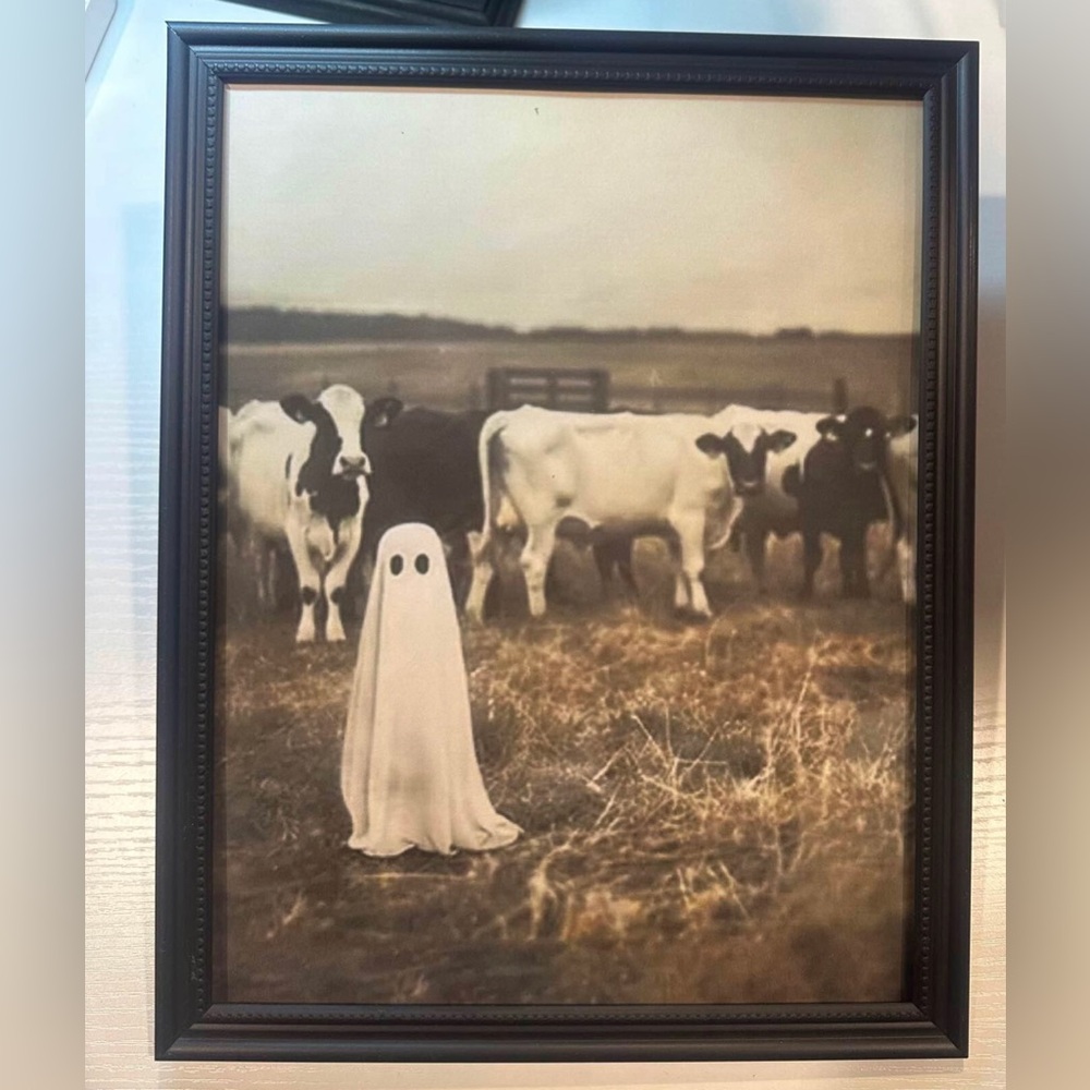 White and black 8x10” framed print of a ghost in a field with cows#halloween